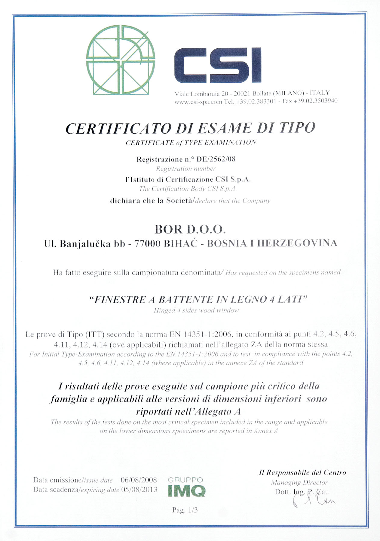 CSI - Certificato di esame di tipo certificate of type examination